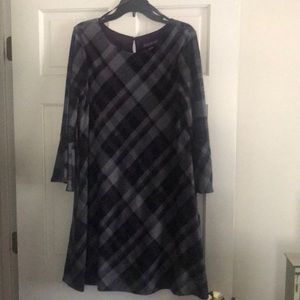 Jessica Howard A-line dress in rich eggplant purple and grey plaid